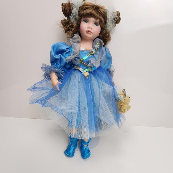 Sweet Ballerina with Teddy Bear 18" Dressed in Blue Satin & Tulle Porcelain Doll - Picture 2 of 14